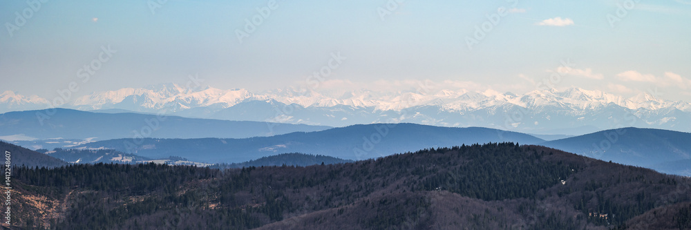 Panorama of the Tatra Mountains covered in snow seen from the peak of Wielka Racza in the Żywiec Beskids. Poland