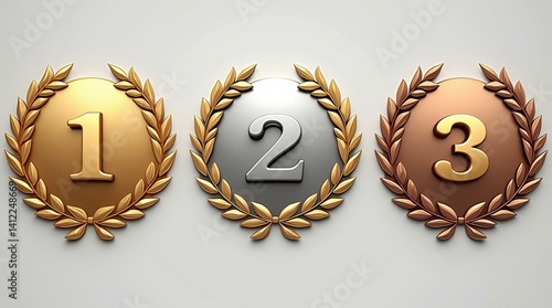 Set of three elegant laurel wreath emblems in a circle, gold for 1st, silver for 2nd, bronze for 3rd, shiny and simple