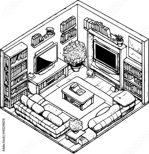 Contemporary style Media center isometric design, Contemporary style Media center vector graphic