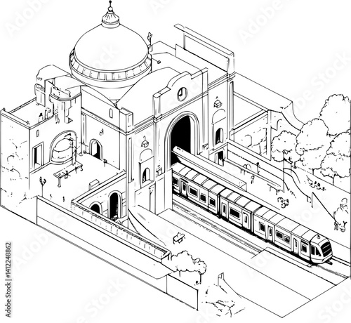 Contemporary style Train station isometric design, Contemporary style Train station vector graphic