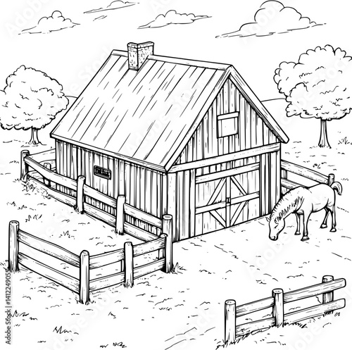 Farmhouse style Stable isometric design, Farmhouse style Stable vector graphic