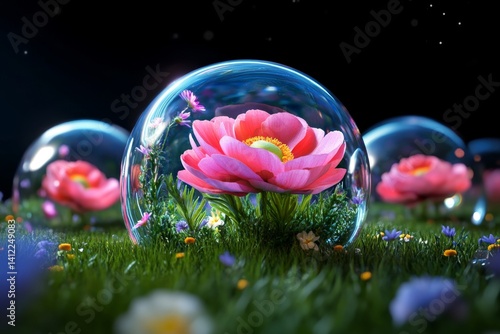 A futuristic world where flowers are cultivated inside floating glass orbs, sustaining life in space