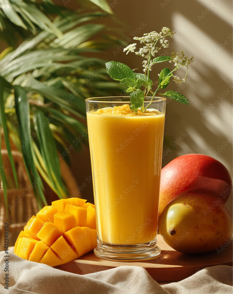 a vibrant tropical smoothie in a glass, bright yellow color, made with mango, banana, and orange juice, fresh fruit garnishes, glowing in sunlight on a wooden table, summer aesthetic