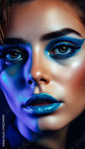 Obraz na płótnie Intriguing Makeup Look with Vibrant Blue Tones w salonie