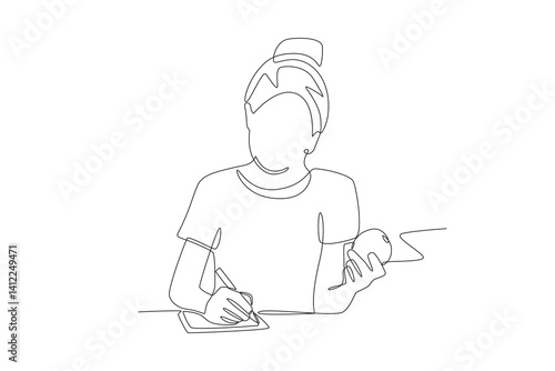 Woman calculates nutritional content in fruit. Balanced Nutrition concept one-line drawing