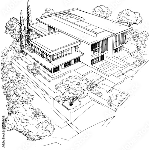 Mid-Century Modern style School isometric design, Mid-Century Modern style School vector graphic