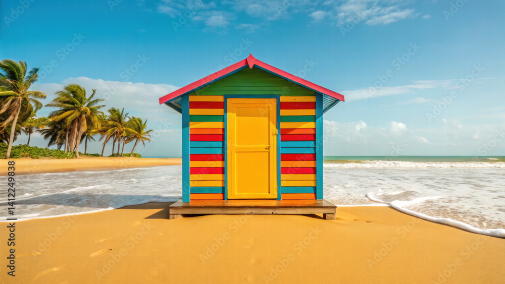 vibrant beach hut stands on sandy shore, surrounded by palm trees and gentle waves, evoking sense of relaxation and joy vibrant beach hut stands on sandy shore, surrounded by palm trees and gentle waves, evoking sense of relaxation and joy