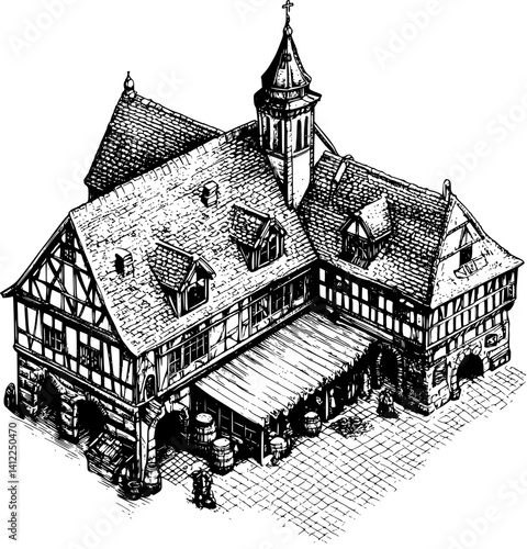 Tudor style Market hall isometric design, Tudor style Market hall vector graphic