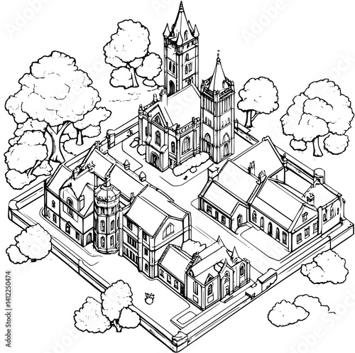 Tudor style School isometric design, Tudor style School vector graphic
