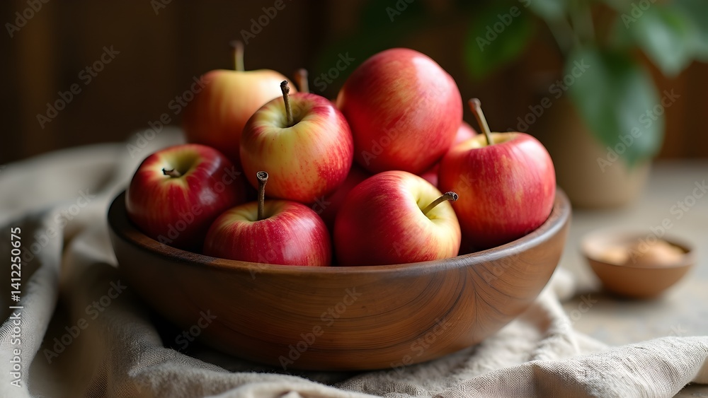 Apples in a Wooden Bowl on Linen Cloth. Fresh, Juicy, and Delicious Autumn Fruit Harvest. Apples in a Wooden Bowl on Linen Cloth. Fresh, Juicy, and Delicious Autumn Fruit Harvest.