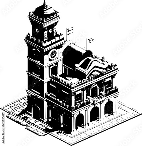 Victorian style Fire station isometric design, Victorian style Fire station vector graphic