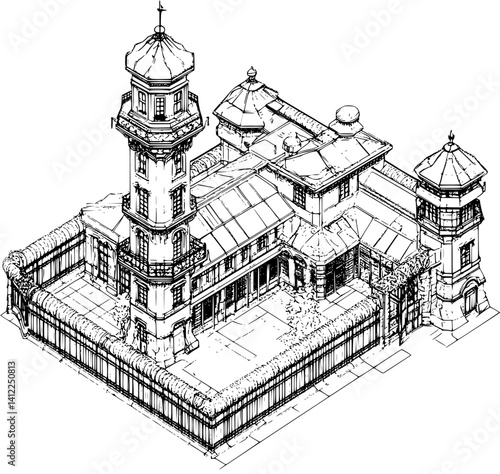 Victorian style Prison isometric design, Victorian style Prison vector graphic