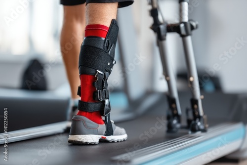 Leg Brace Rehabilitation: Treadmill Recovery in a Modern Gym