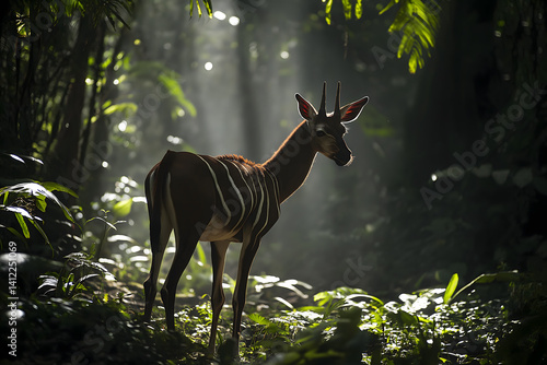 Graceful okapi standing in sunlit forest clearing surrounded by lush green foliage
