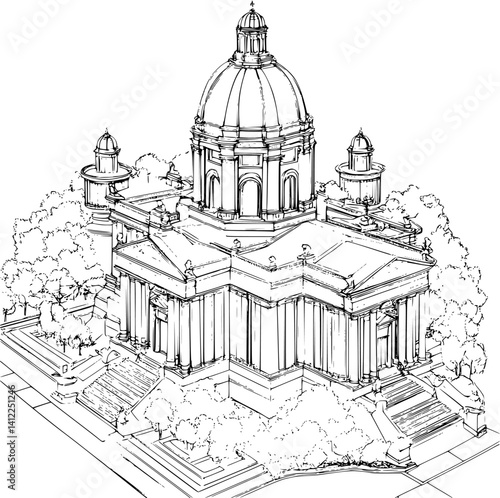Baroque style Courthouse isometric design, Baroque style Courthouse vector illustration