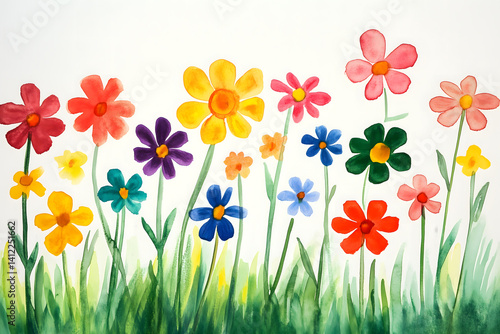 Bright watercolor illustration of colorful flowers blooming on green grass with white background
