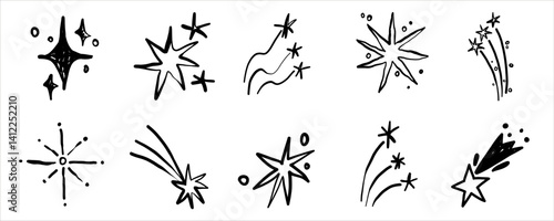 Vector doodle star icons hand drawn elements. Chalk crayon sketch glitter design collection for christmas pattern. Falling twinkle star wish symbol. 