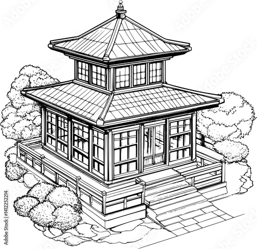 Craftsman style Tea house isometric design, Craftsman style Tea house vector illustration