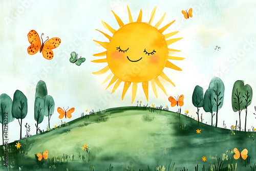 Cheerful cartoon painting by kid, sun smiling over green hill with butterflies and blue sky in whimsical watercolor style