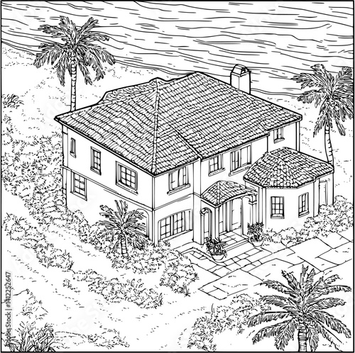 Mediterranean style Seaside residence isometric design, Mediterranean style Seaside residence vector illustration