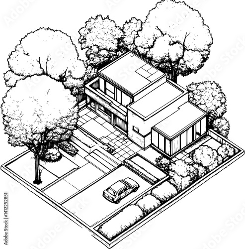 Mid-Century Modern style House isometric design, Mid-Century Modern style House vector illustration
