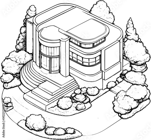 Mid-Century Modern style Museum isometric design, Mid-Century Modern style Museum vector illustration