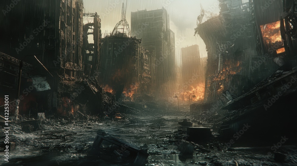 Obraz premium Conceptual image of a destroyed city. Generative AI.