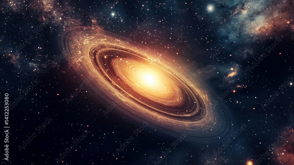 Naklejka premium A bright yellow star is in the center of a dark blue and white galaxy. The star is surrounded by a large, swirling mass of stars and dust. Concept of wonder and awe at the vastness