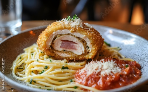 Crispy Chicken Cordon Bleu with Spaghetti and Marinara