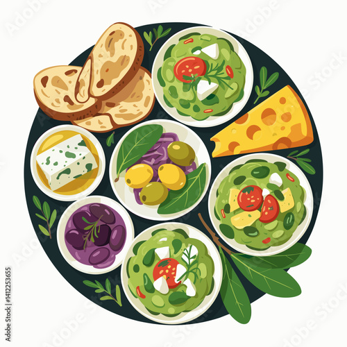 Mediterranean Appetizer Platter with Dips, Cheese and Bread