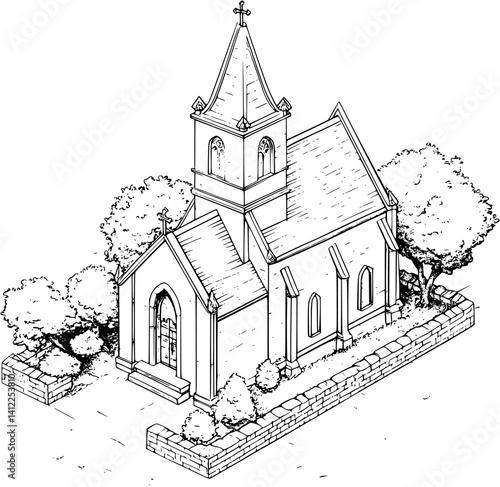 Tudor style Chapel isometric design, Tudor style Chapel vector illustration