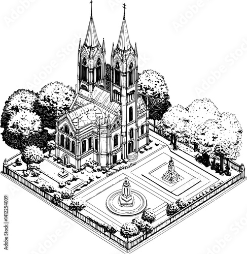 Victorian style Church isometric design, Victorian style Church vector illustration