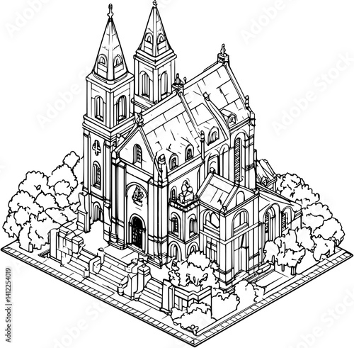 Victorian style Church isometric design, Victorian style Church vector illustration