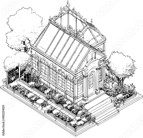 Victorian style Greenhouse isometric design, Victorian style Greenhouse vector illustration
