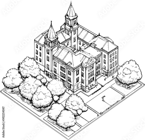 Victorian style Hospital isometric design, Victorian style Hospital vector illustration