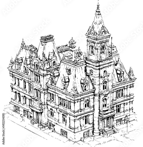 Victorian style Post office isometric design, Victorian style Post office vector illustration