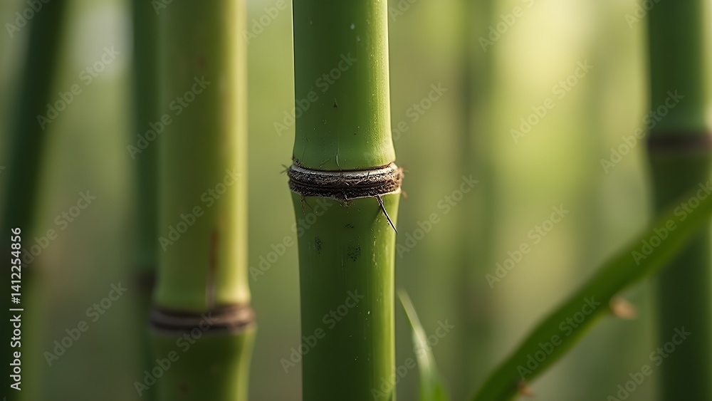 Obraz premium Lush green bamboo stalks in a serene grove, close-up view of natural botanical plant.