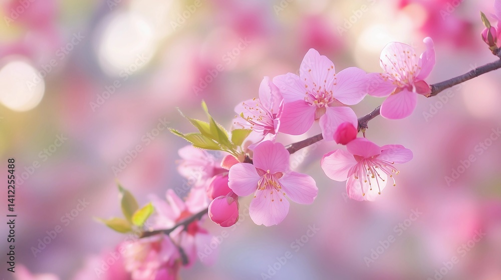 Obraz premium A pink flower with a green stem. The flower is in full bloom and is surrounded by leaves. The image has a soft and delicate feel to it, with the pink color of the flower