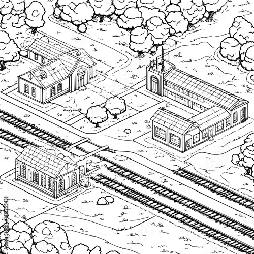 Contemporary style Train station isometric design, Contemporary style Train station illustration art