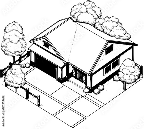 Craftsman style Carriage house isometric design, Craftsman style Carriage house illustration art