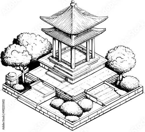 Craftsman style Pavilion isometric design, Craftsman style Pavilion illustration art