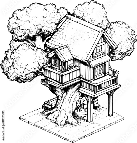 Craftsman style Treehouse isometric design, Craftsman style Treehouse illustration art