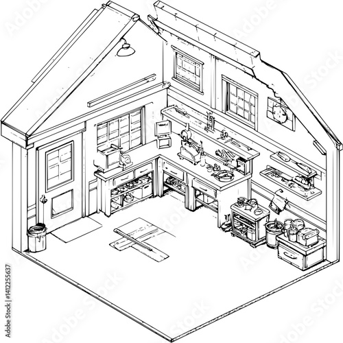 Craftsman style Workshop isometric design, Craftsman style Workshop illustration art