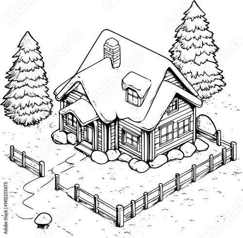 Farmhouse style Ice house isometric design, Farmhouse style Ice house illustration art
