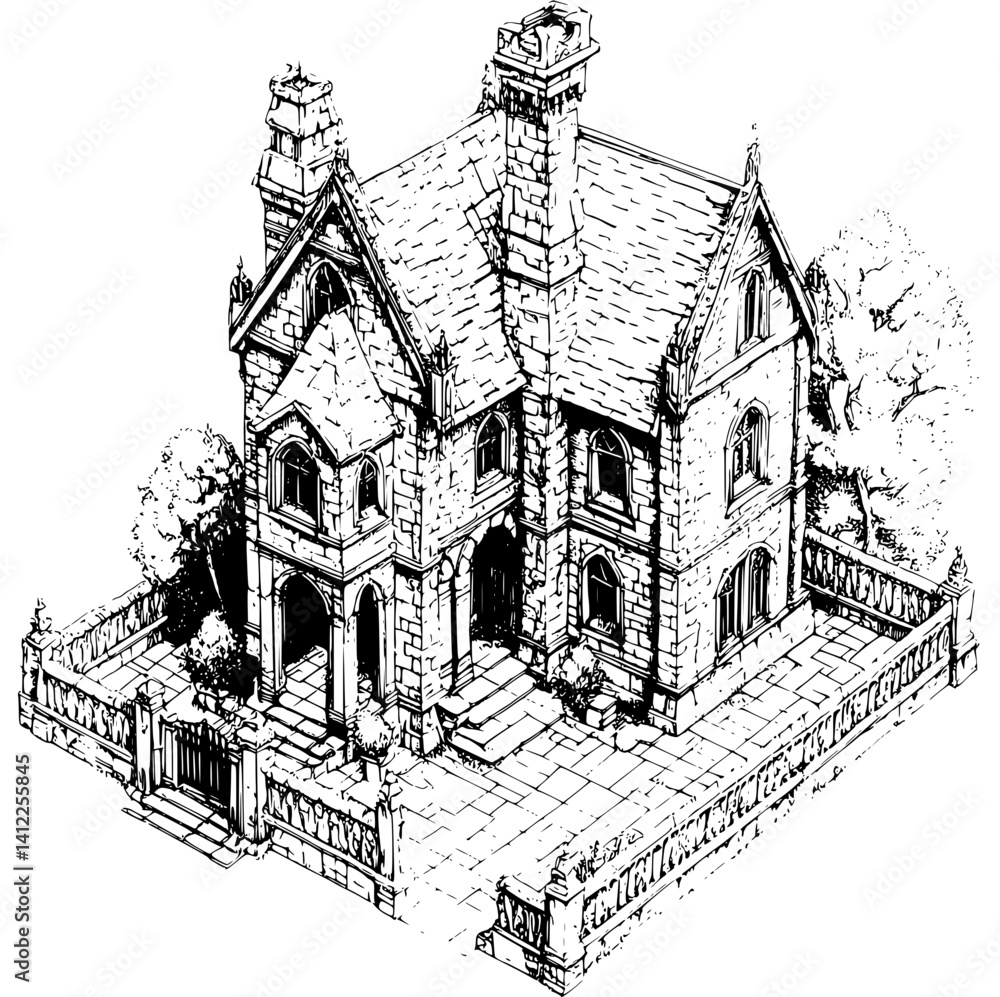 Fototapeta premium Gothic style Mansion isometric design, Gothic style Mansion illustration art