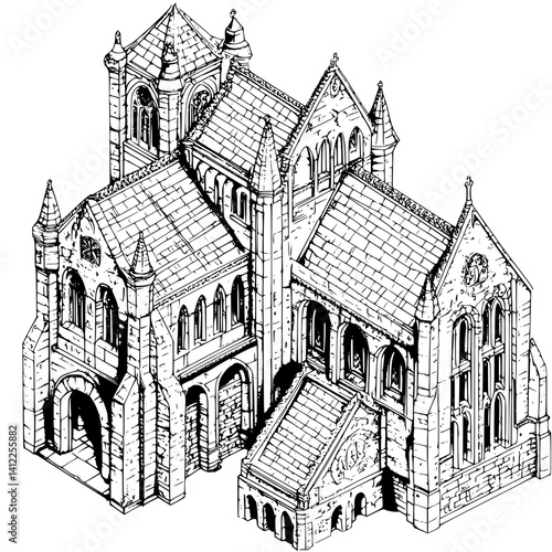 Gothic style Priory isometric design, Gothic style Priory illustration art