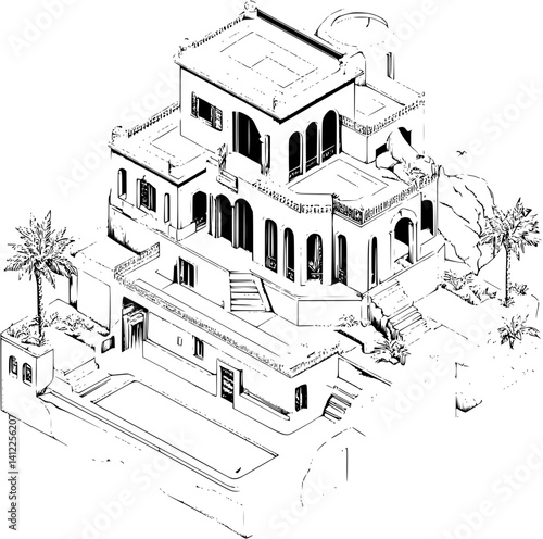 Mediterranean style Seaside residence isometric design, Mediterranean style Seaside residence illustration art