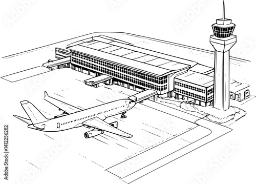Mid-Century Modern style Airport terminal isometric design, Mid-Century Modern style Airport terminal illustration art