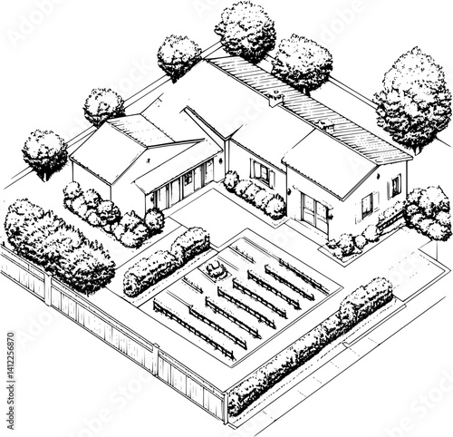 Modern Farmhouse style Winery isometric design, Modern Farmhouse style Winery illustration art