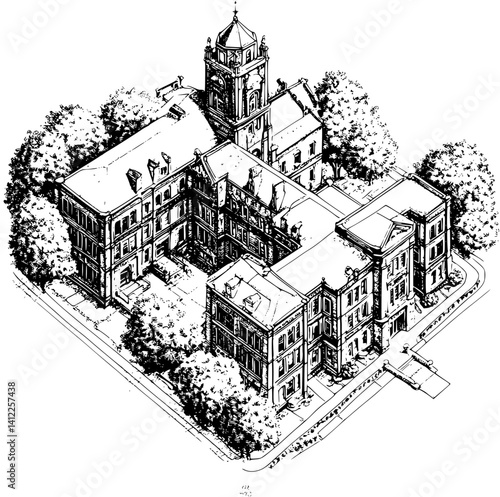 Victorian style Hospital isometric design, Victorian style Hospital illustration art